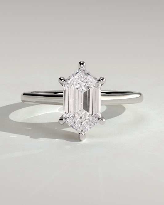 Anastasia - Elongated Hexagon Claw Solitaire with Hidden Halo and Cathedral High Setting Engagement Ring - Platinum