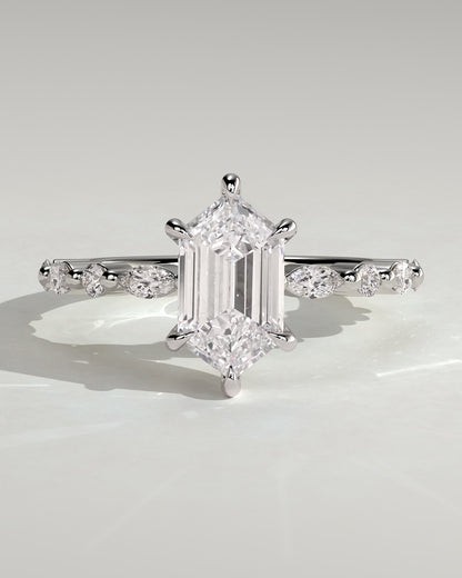 Agnes - Elongated Hexagon Claw Solitaire with Marquise and Round Accent Stones Engagement Ring - Platinum - platinum - Lara Jewels