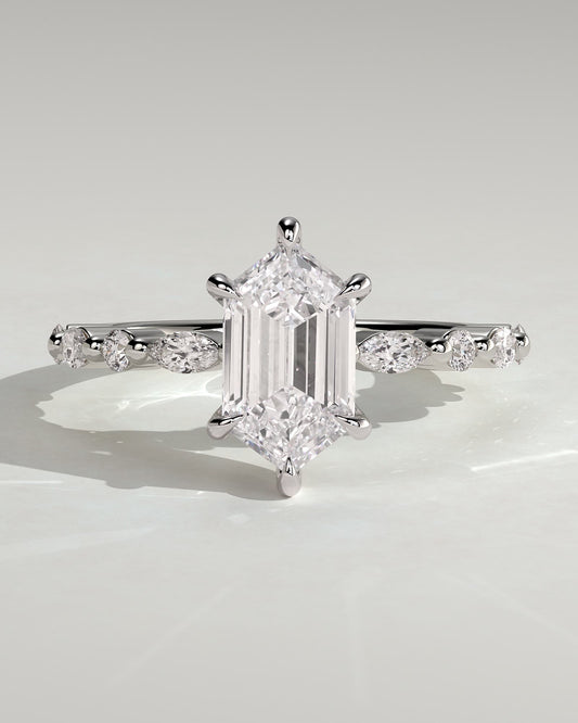 Agnes - Elongated Hexagon Claw Solitaire with Marquise and Round Accent Stones Engagement Ring - Platinum - platinum - Lara Jewels