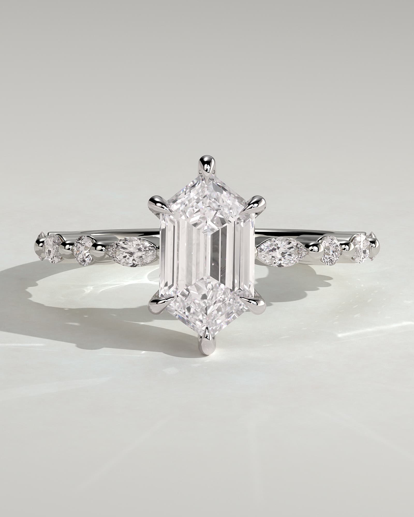 Agnes - Elongated Hexagon Claw Solitaire with Marquise and Round Accent Stones Engagement Ring - White Gold - white gold - Lara Jewels