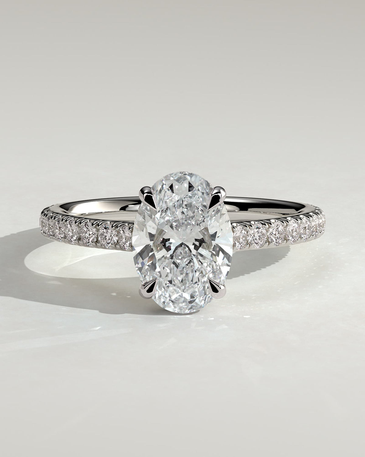 Julia - Oval Claw Solitaire with Hidden Halo, Pave Band and Cathedral High Setting Engagement Ring - Platinum