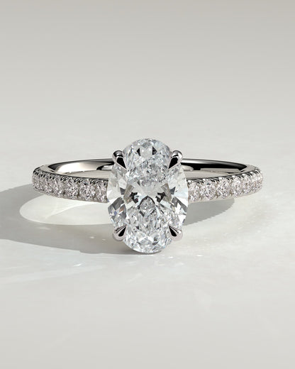 Julia - Oval Claw Solitaire with Hidden Halo, Pave Band and Cathedral High Setting Engagement Ring - Platinum