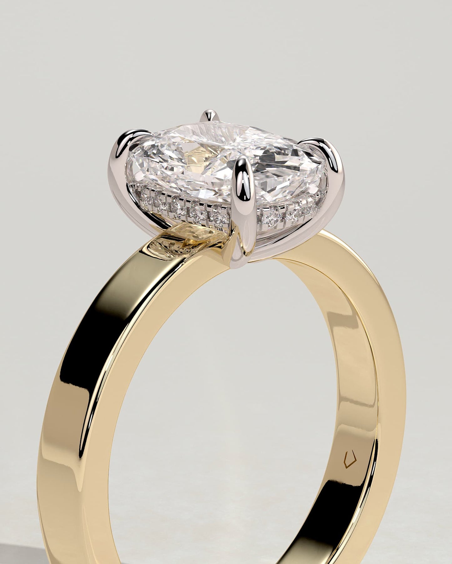 Kai - Elongated Cushion Claw Solitaire with Flat Cigar Band and Hidden Halo Engagement Ring - Yellow Two-Tone