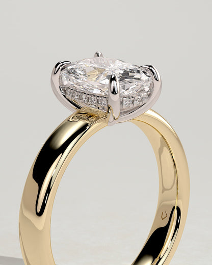 Cora - Elongated Cushion Claw Solitaire with Cigar Band and Hidden Halo Engagement Ring - Yellow Two-Tone