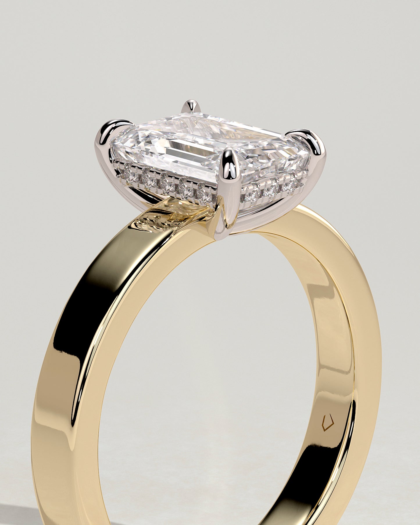 Carmella - Emerald Claw Solitaire with Flat Cigar Band and Hidden Halo Engagement Ring - Yellow Two-Tone - Yellow Two-Tone 2ct