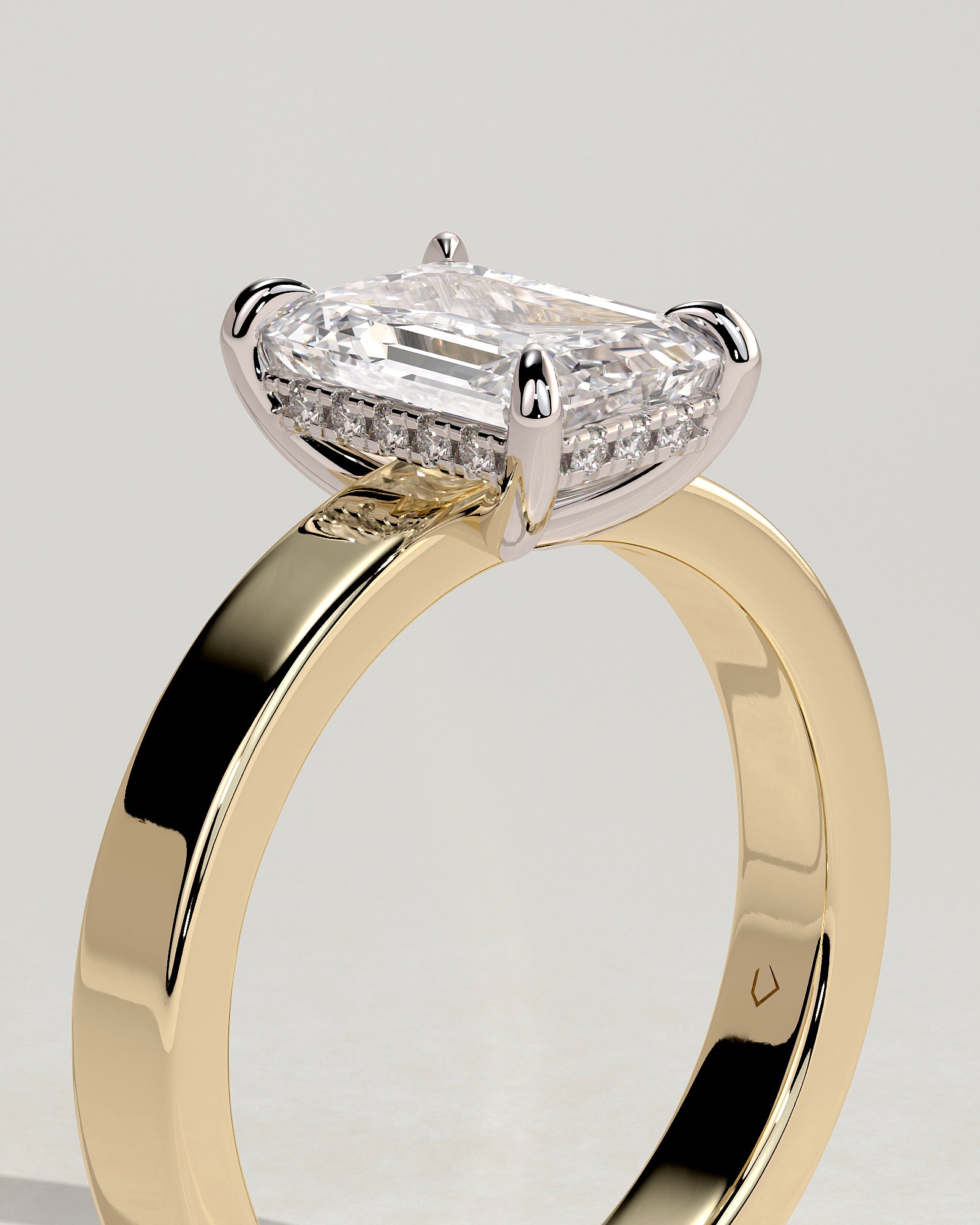 Carmella - Emerald Claw Solitaire with Flat Cigar Band and Hidden Halo Engagement Ring - Yellow Two-Tone - Yellow Two-Tone 2ct