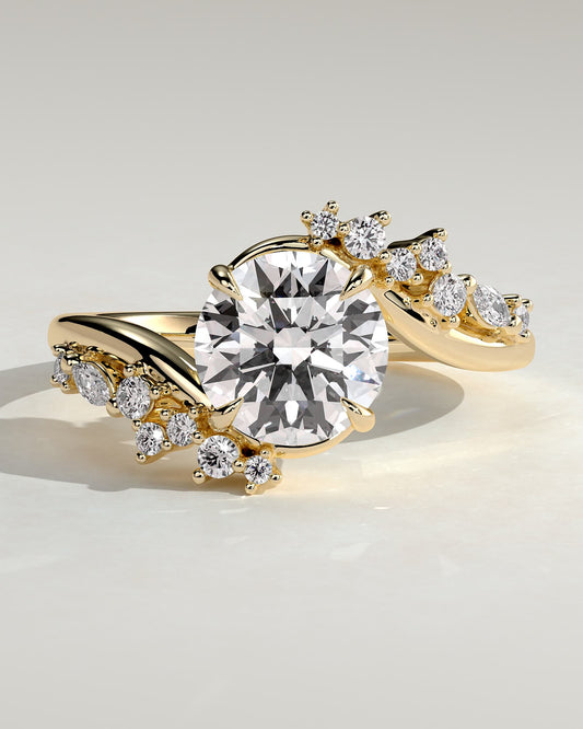 Lorena - Round Claw Solitaire with Bypass Band and Clustered Round-Marquise Accent Stones Engagement Ring - Yellow Gold