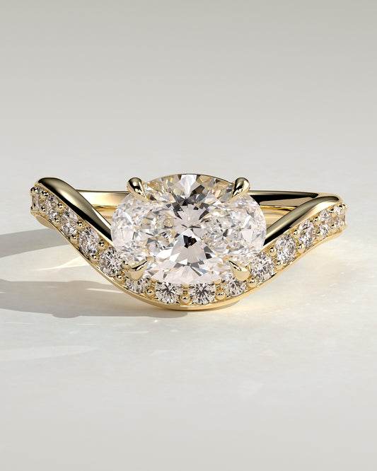 Shelly - Oval Claw Solitaire with Bead Set Pave Wave Band and East West Setting Engagement Ring - Yellow Gold - Yellow Gold 2ct