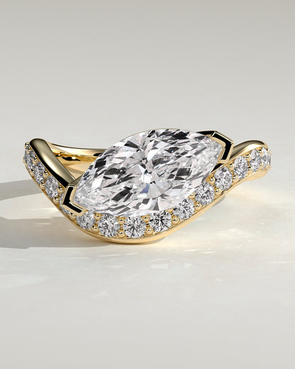 Lynn - Marquise Claw Solitaire with Bead Set Pave Wave Band and East West Setting Engagement Ring - Yellow Gold