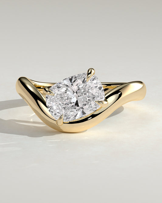 Taryn - Elongated Cushion East West Claw Solitaire with Wave Band Engagement Ring - Yellow Gold - Yellow Gold 2ct