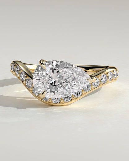 Eliza - Pear Claw Solitaire with Bead Set Pave Wave Band and East West Setting Engagement Ring - Yellow Gold