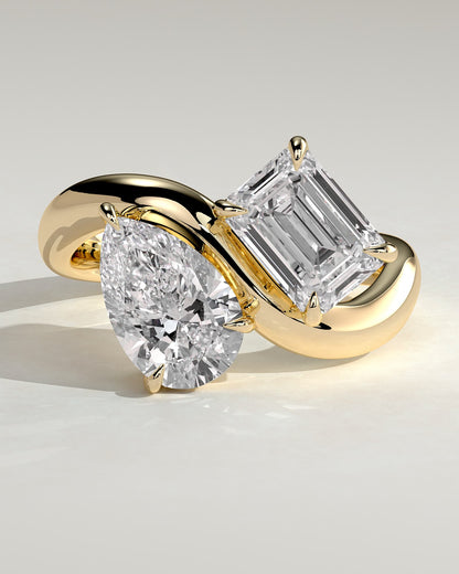 Simona -  Claw Toi et Moi with Wave Band Engagement Ring - Yellow Gold