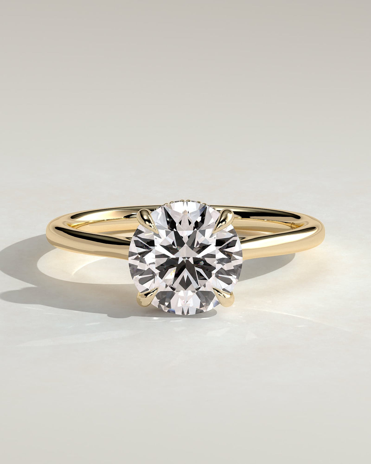 Laura - Round Claw Solitaire with Hidden Halo, Tapered Band and Cathedral High Setting Engagement Ring - Yellow Gold