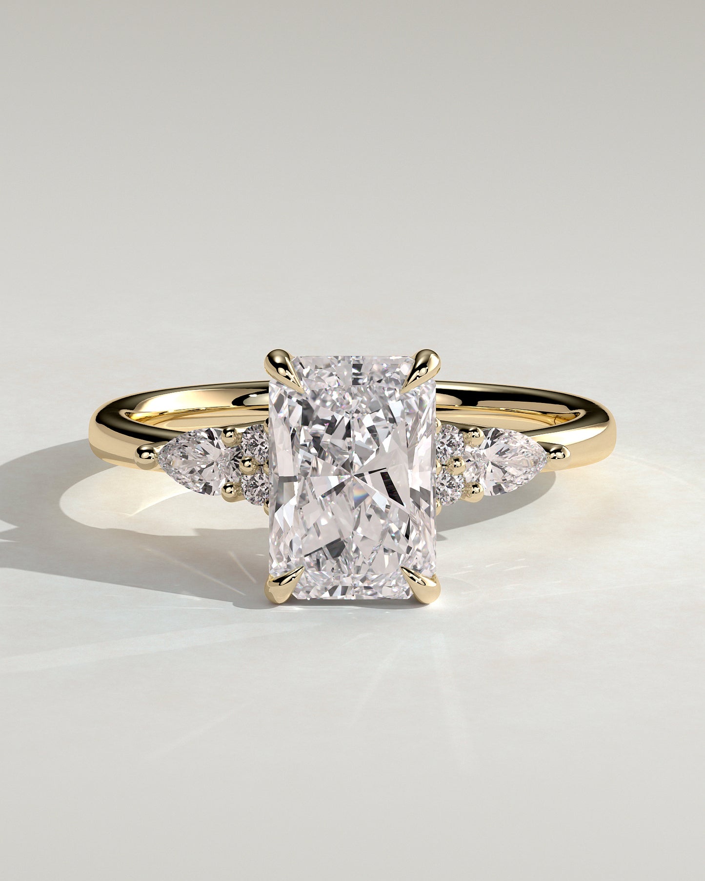 Heidi - Radiant Claw Solitaire with Pear Accents and Round Shoulder Stones Engagement Ring - Yellow Gold - Yellow Gold 2ct