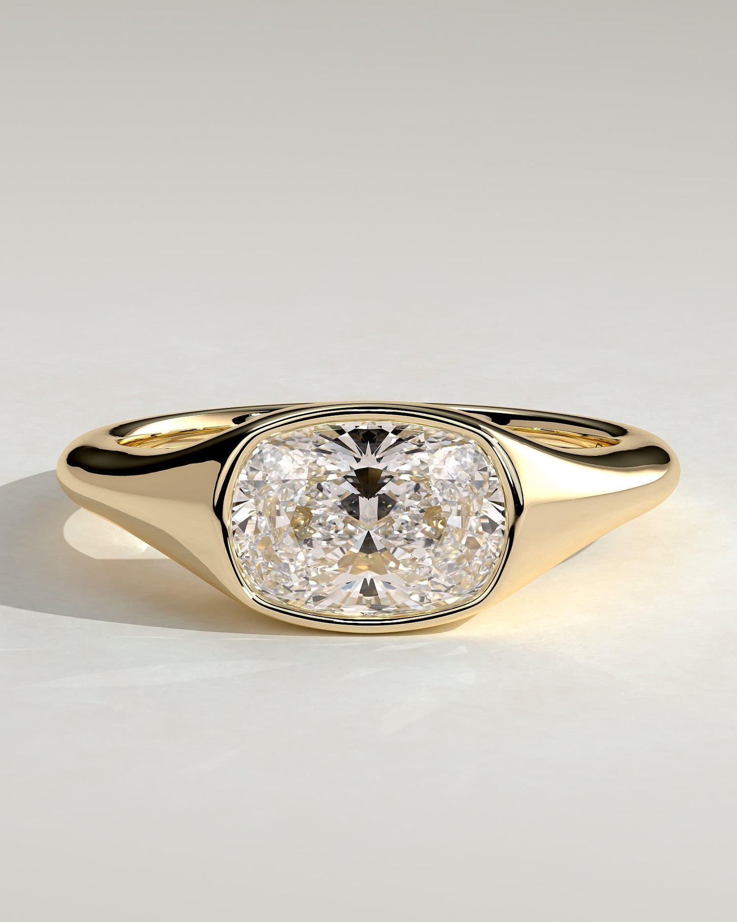Lennon - Elongated Cushion East West Bezel Solitaire with Signet Band Engagement Ring - Yellow Gold