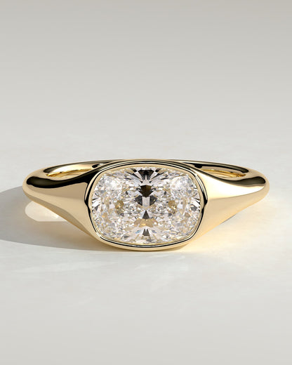 Lennon - Elongated Cushion East West Bezel Solitaire with Signet Band Engagement Ring - Yellow Gold
