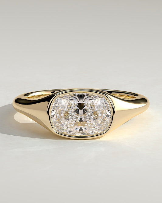 Lennon - Elongated Cushion East West Bezel Solitaire with Signet Band Engagement Ring - Yellow Gold