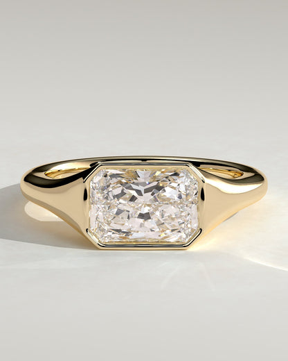 Mackenzie - Radiant East West Bezel Solitaire with Signet Band Engagement Ring - Yellow Gold