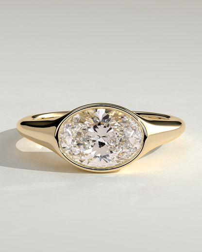 Sophie - Oval East West Bezel Solitaire with Signet Band Engagement Ring - Yellow Gold