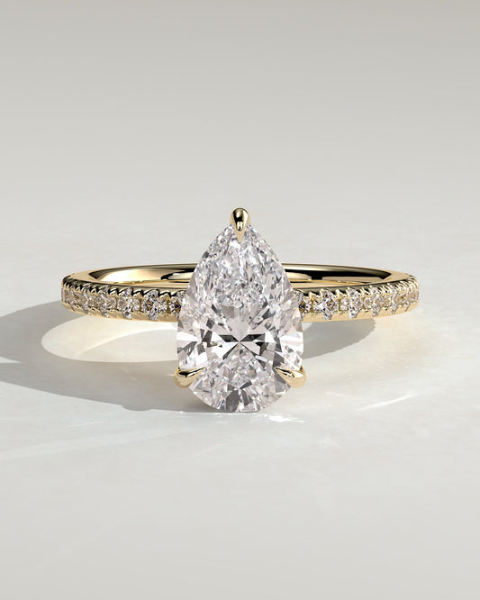 Pamela - Pear Claw Solitaire with Hidden Halo and Pave Band Engagement Ring - Yellow Gold