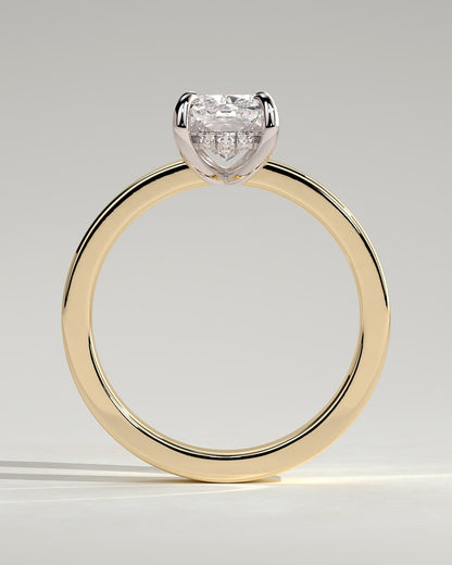 Kai - Elongated Cushion Claw Solitaire with Flat Cigar Band and Hidden Halo Engagement Ring - Yellow Two-Tone