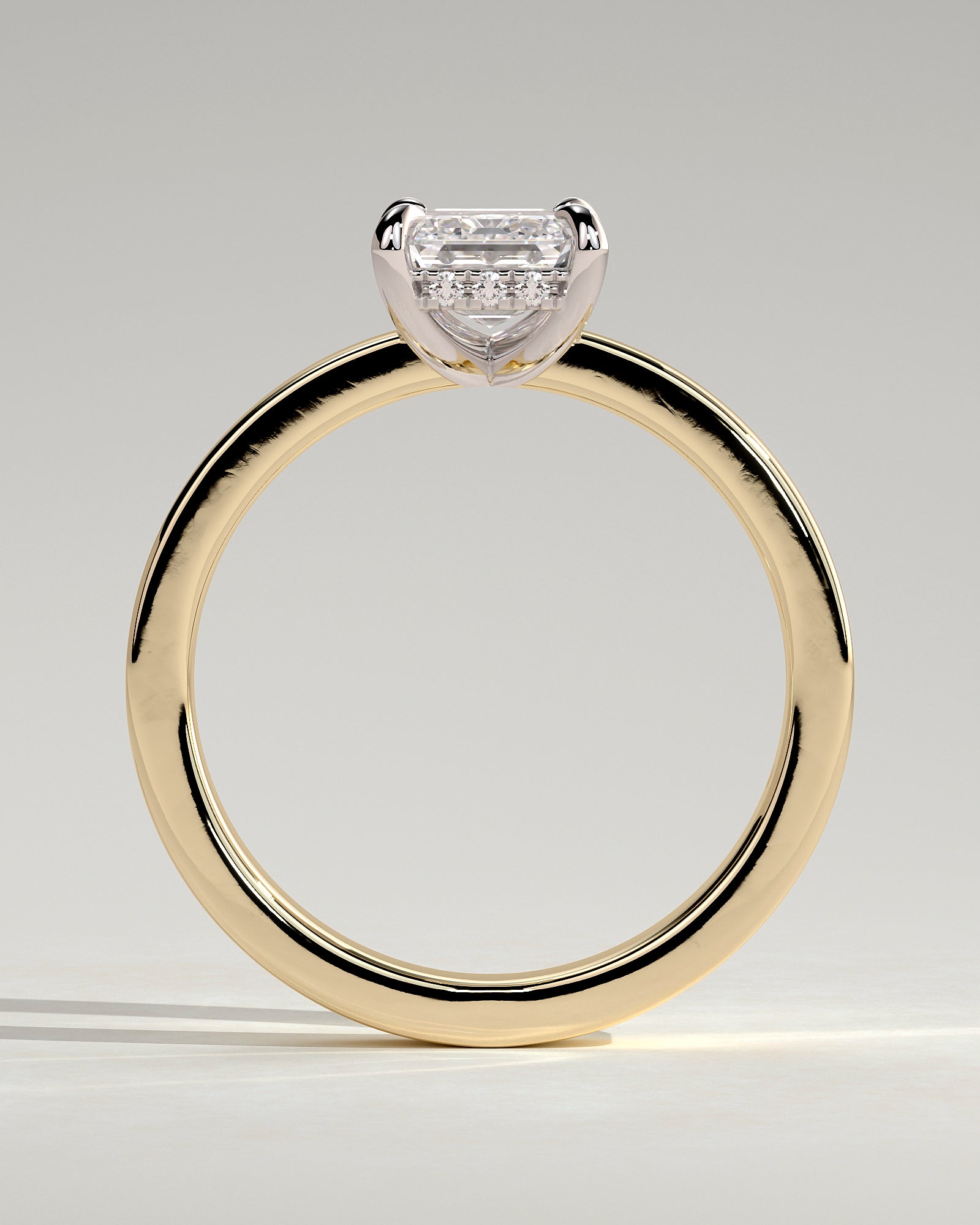 Carmella - Emerald Claw Solitaire with Flat Cigar Band and Hidden Halo Engagement Ring - Yellow Two-Tone - Yellow Two-Tone 2ct