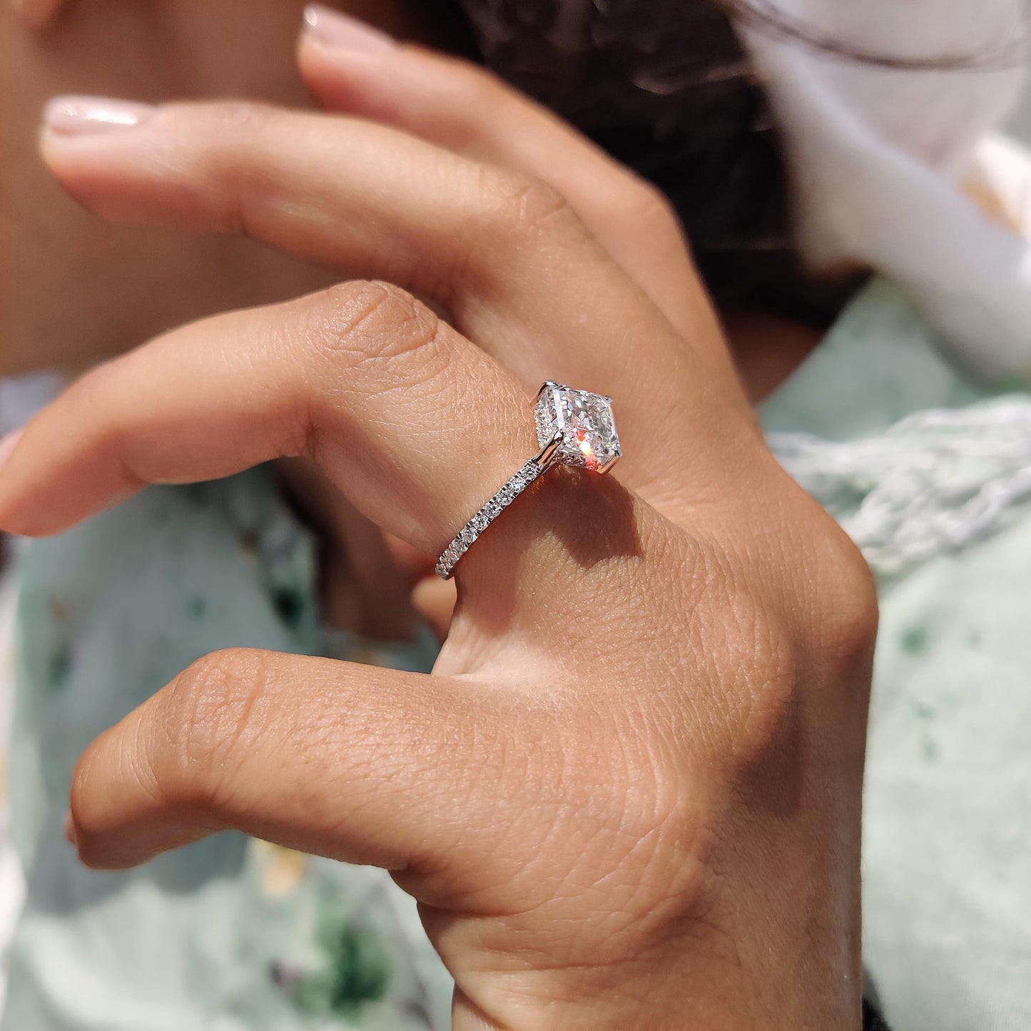 Asscher Cut Engagement Ring With Hidden Halo Design