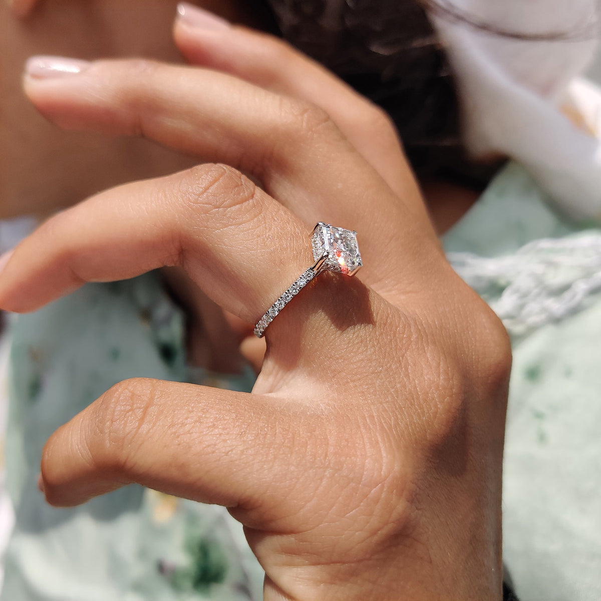 Asscher Cut Engagement Ring With Hidden Halo Design