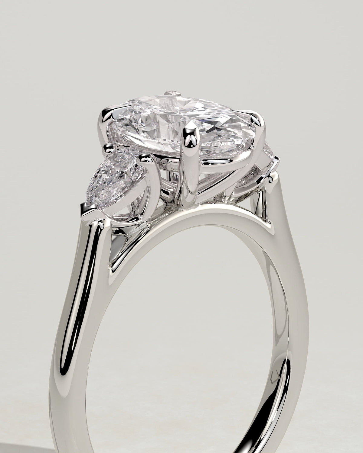 Alexia - Oval Claw Trilogy with Pear Side Stones and Cathedral Setting Engagement Ring - White Gold - white gold - Lara Jewels