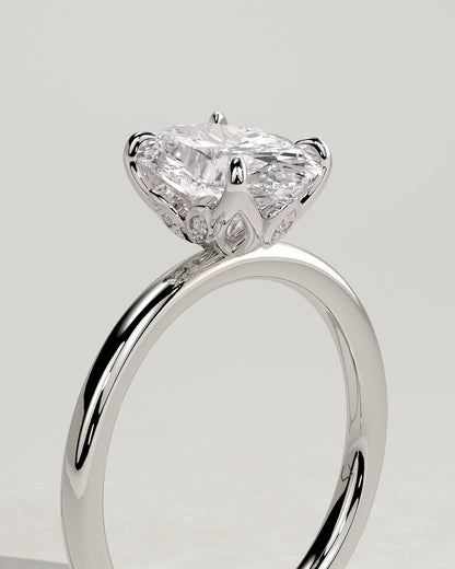 Aurelie - Oval Claw Solitaire with Petal Gallery and Accent Leaf Detail Engagement Ring - Platinum
