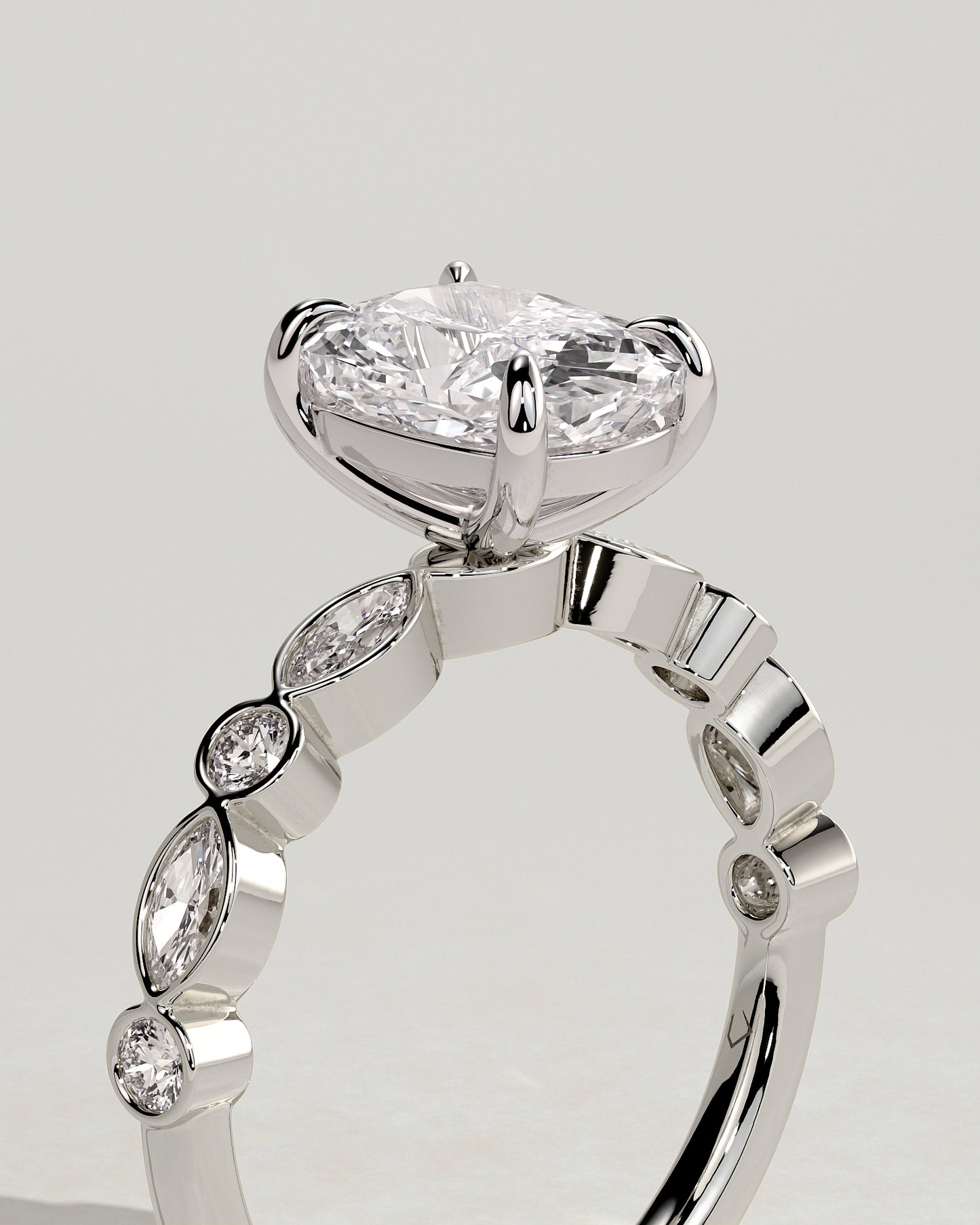 Carrie - Elongated Cushion Claw Solitaire with Round-Marquise Bezel Accent Stones Engagement Ring - Platinum - White Gold / Platinum 2ct