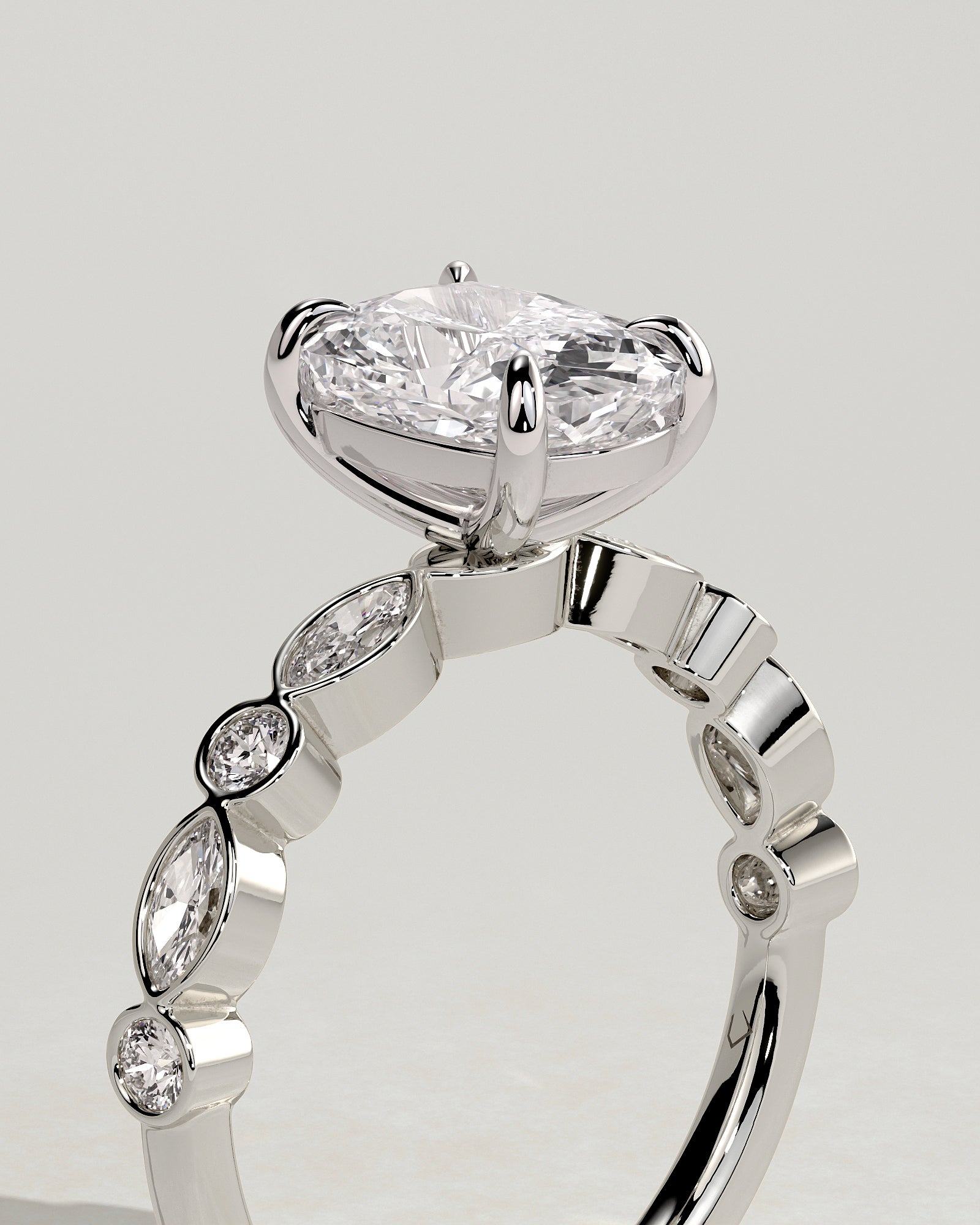 Carrie - Elongated Cushion Claw Solitaire with Round-Marquise Bezel Accent Stones Engagement Ring - Platinum - White Gold / Platinum 2ct