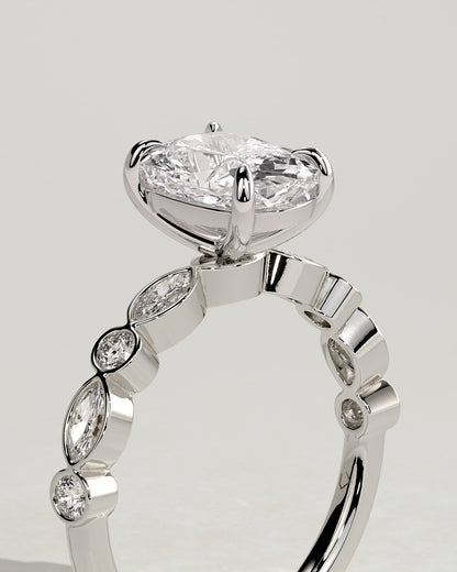 Carrie - Elongated Cushion Claw Solitaire with Round-Marquise Bezel Accent Stones Engagement Ring - Platinum