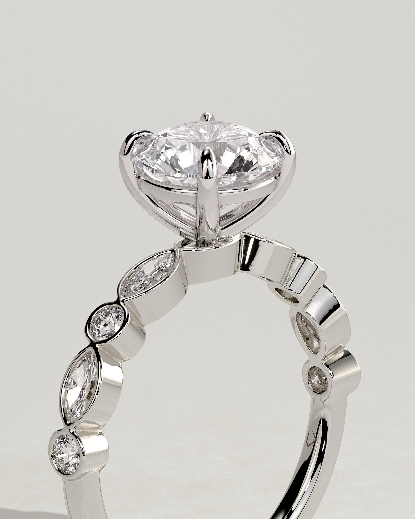 Cartia - Round Claw Solitaire with Round-Marquise Bezel Accent Stones Engagement Ring - Platinum - White Gold / Platinum 2ct