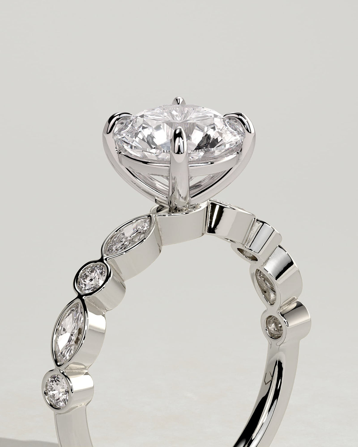 Cartia - Round Claw Solitaire with Round-Marquise Bezel Accent Stones Engagement Ring - White Gold