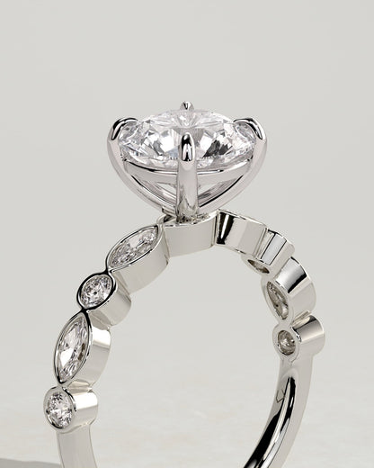 Cartia - Round Claw Solitaire with Round-Marquise Bezel Accent Stones Engagement Ring - White Gold