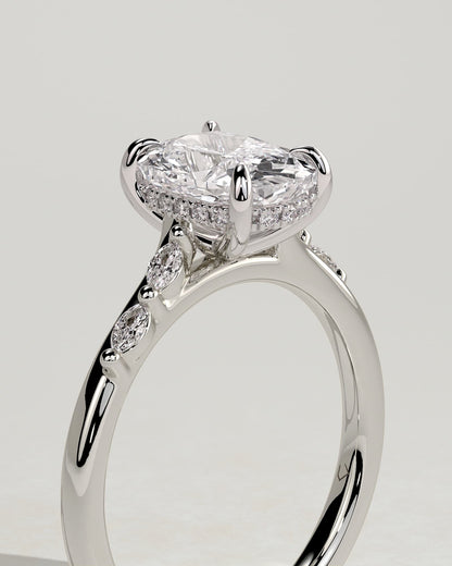 Elle - Elongated Cushion Claw Solitaire with Hidden Halo, Opposing Marquise Accents and Cathedral High Setting Engagement Ring - Platinum