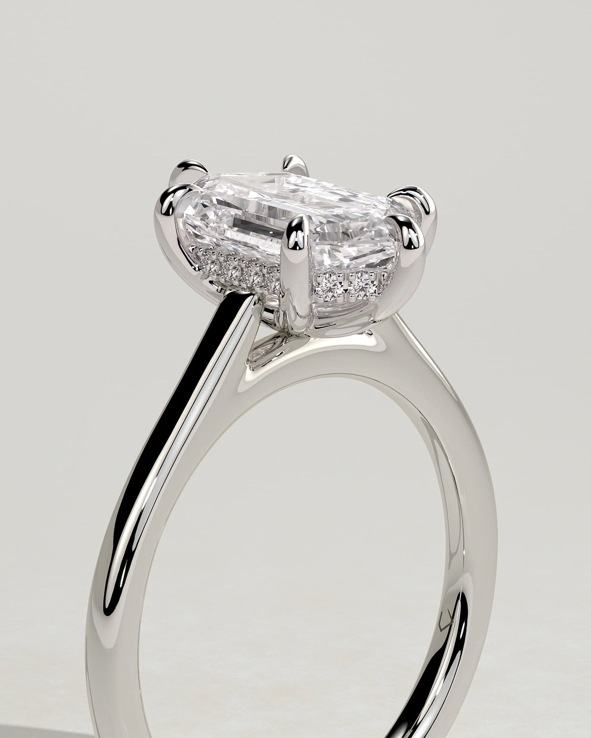 Anastasia - Elongated Hexagon Claw Solitaire with Hidden Halo and Cathedral High Setting Engagement Ring - White Gold