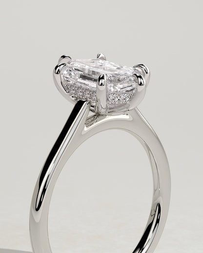 Anastasia - Elongated Hexagon Claw Solitaire with Hidden Halo and Cathedral High Setting Engagement Ring - White Gold