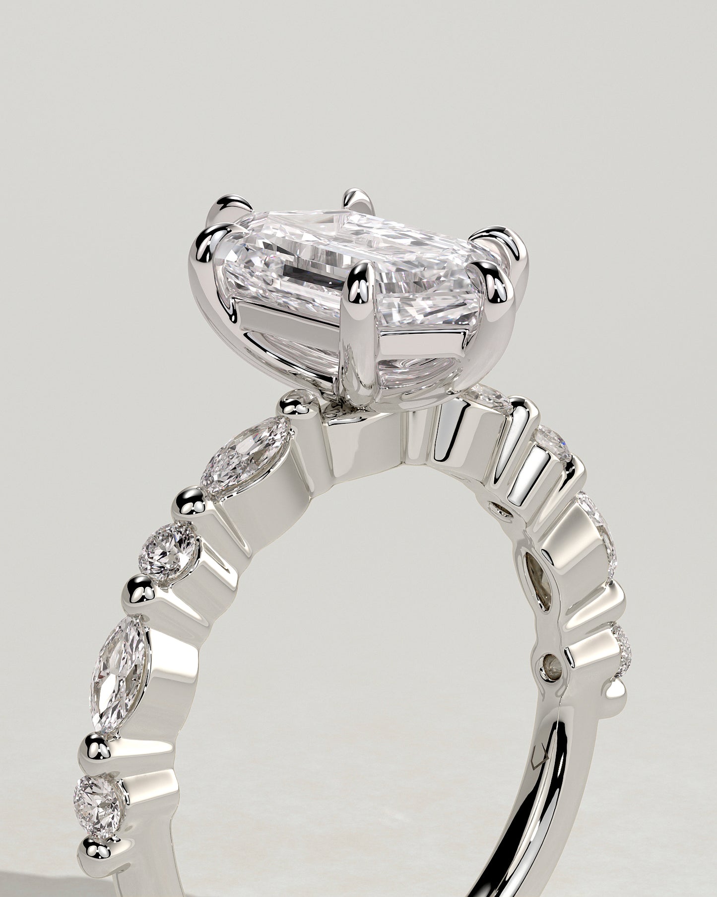 Agnes - Elongated Hexagon Claw Solitaire with Marquise and Round Accent Stones Engagement Ring - Platinum - White Gold / Platinum 2ct