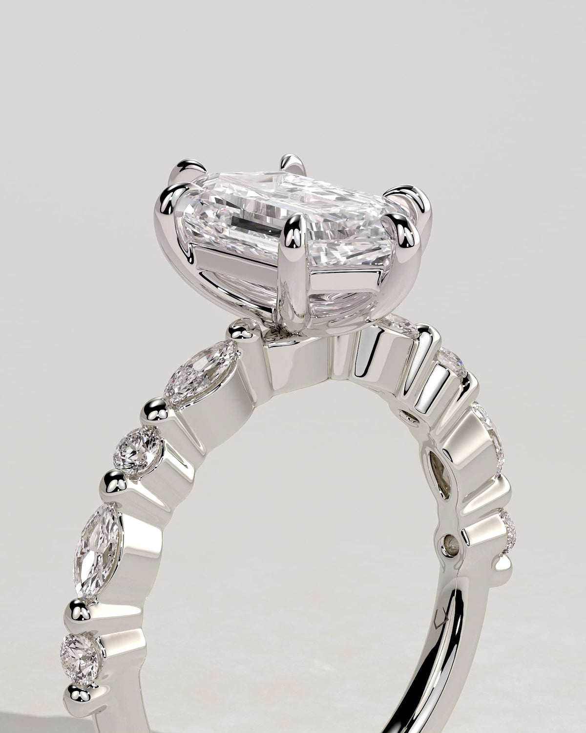 Agnes - Elongated Hexagon Claw Solitaire with Marquise and Round Accent Stones Engagement Ring - White Gold - white gold - Lara Jewels