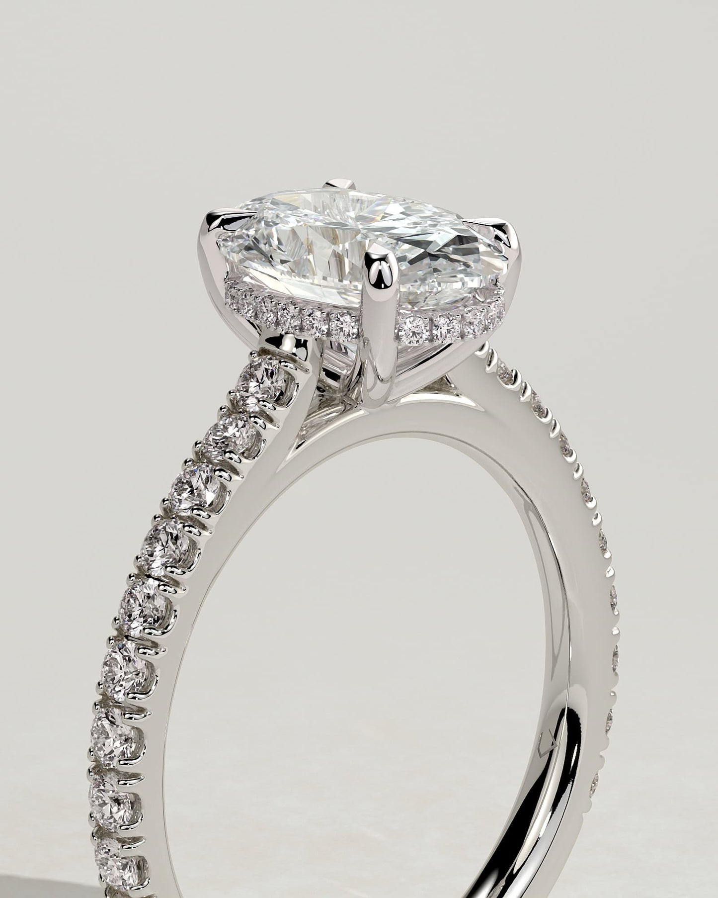 Julia - Oval Claw Solitaire with Hidden Halo, Pave Band and Cathedral High Setting Engagement Ring - White Gold