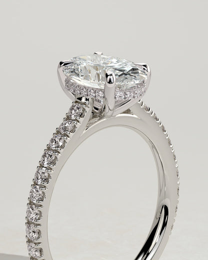Julia - Oval Claw Solitaire with Hidden Halo, Pave Band and Cathedral High Setting Engagement Ring - White Gold