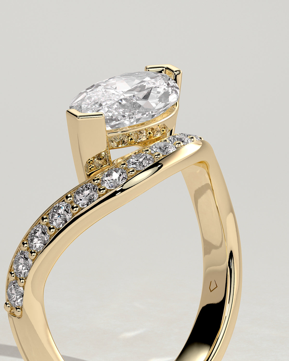 Lynn - Marquise Claw Solitaire with Bead Set Pave Wave Band and East West Setting Engagement Ring - Yellow Gold