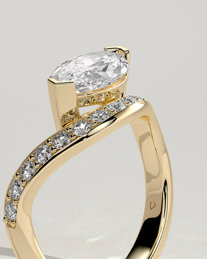 Lynn - Marquise Claw Solitaire with Bead Set Pave Wave Band and East West Setting Engagement Ring - Yellow Gold