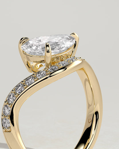 Eliza - Pear Claw Solitaire with Bead Set Pave Wave Band and East West Setting Engagement Ring - Yellow Gold