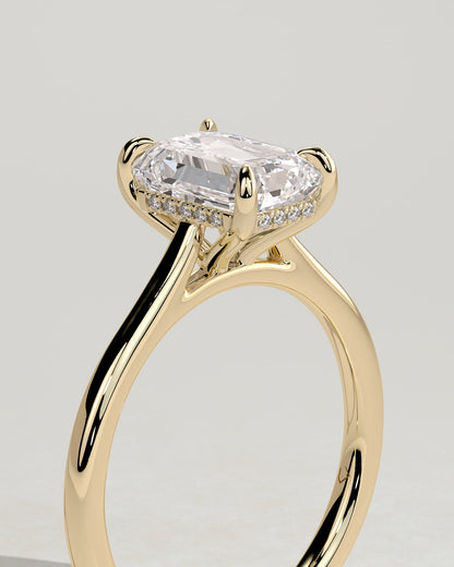 Angela - Radiant Claw Solitaire with Hidden Halo, Tapered Band and Cathedral High Setting Engagement Ring - Yellow Gold