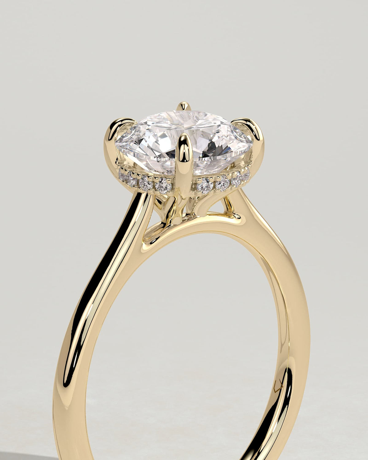 Laura - Round Claw Solitaire with Hidden Halo, Tapered Band and Cathedral High Setting Engagement Ring - Yellow Gold