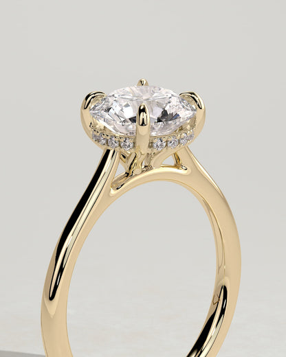 Laura - Round Claw Solitaire with Hidden Halo, Tapered Band and Cathedral High Setting Engagement Ring - Yellow Gold