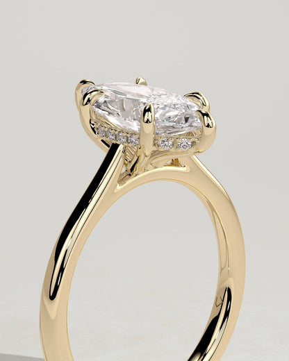 Heather - Marquise Claw Solitaire with Hidden Halo, Tapered Band and Cathedral High Setting Engagement Ring - Yellow Gold